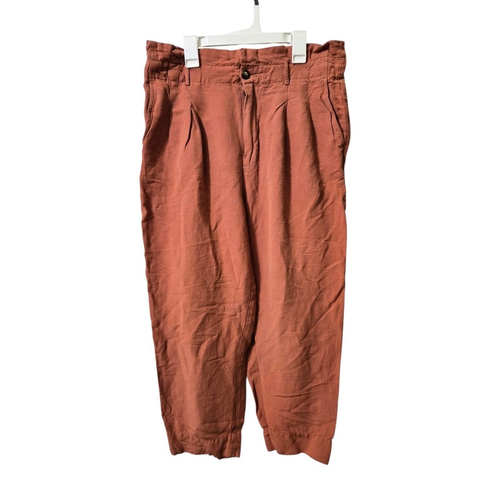 MADEWELL womens size 8 burnt orange paperbag waist high rise cropped linen pant